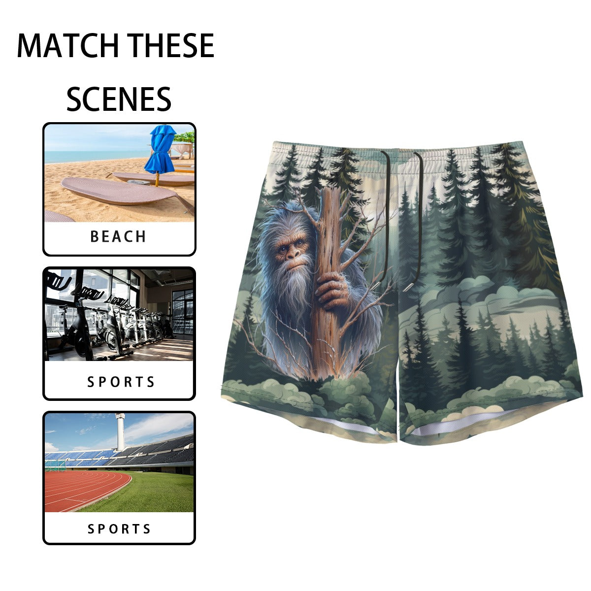 Sasquatch Themed, Men’s Sports, Pocketed Shorts