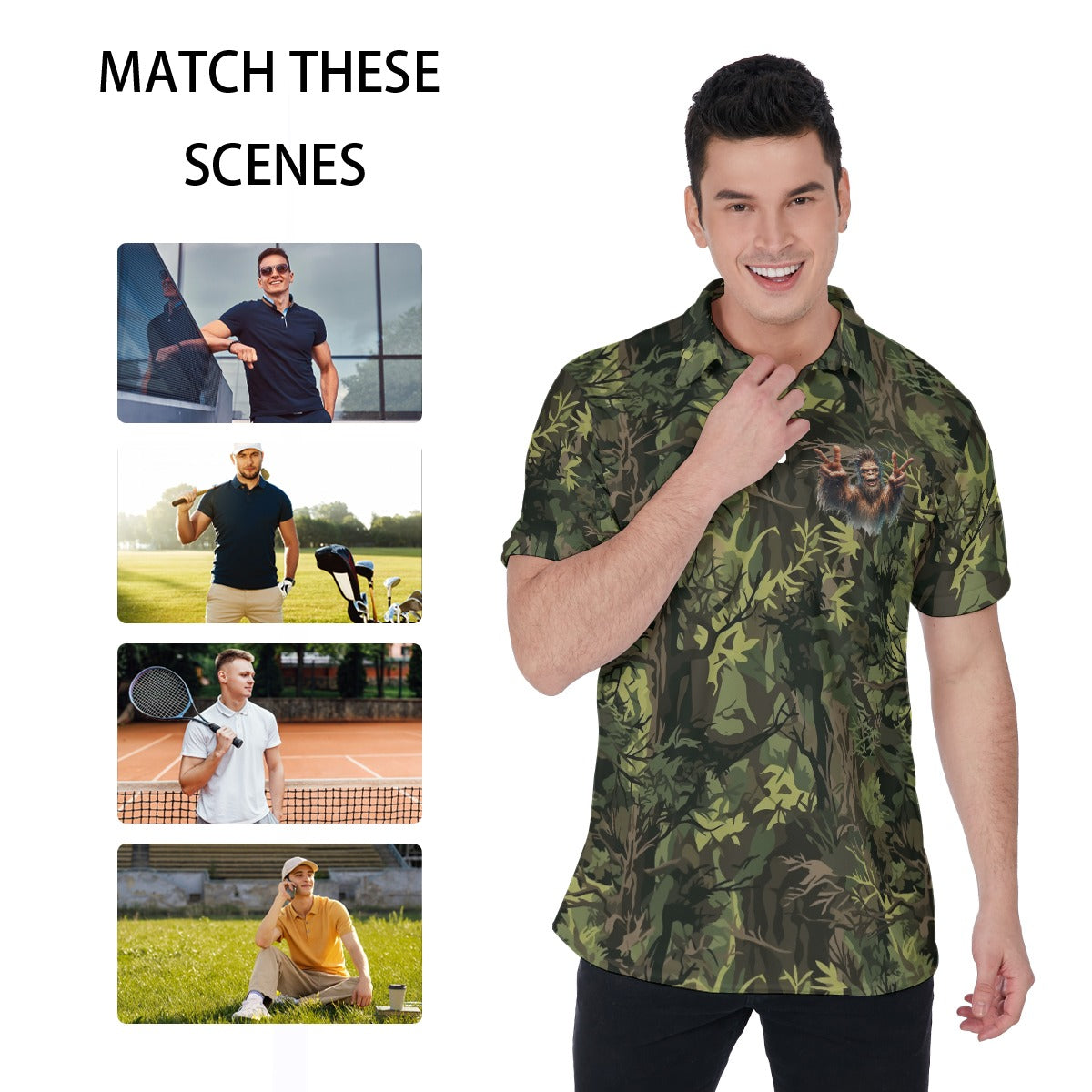 Bigfoot / Sasquatch on Camo, Men's Polo Shirts