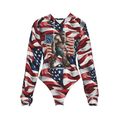 Patriot Bigfoot / Sasquatch, Women's Raglan Sleeve Hooded Bodysuit