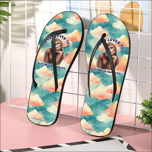 Bigfoot / Sasquatch, "Jesus Loves You...", Women’s Flip Flops – Personalize with Your Name