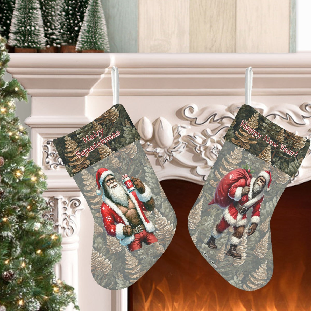 Santa Sasquatch Bigfoot, Polyester Christmas Stocking