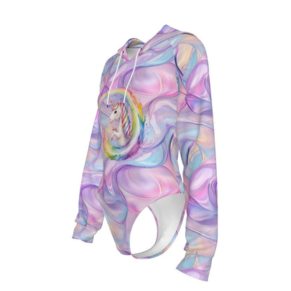 Rainbow Unicorn, Women's Raglan Sleeve Hooded Bodysuit