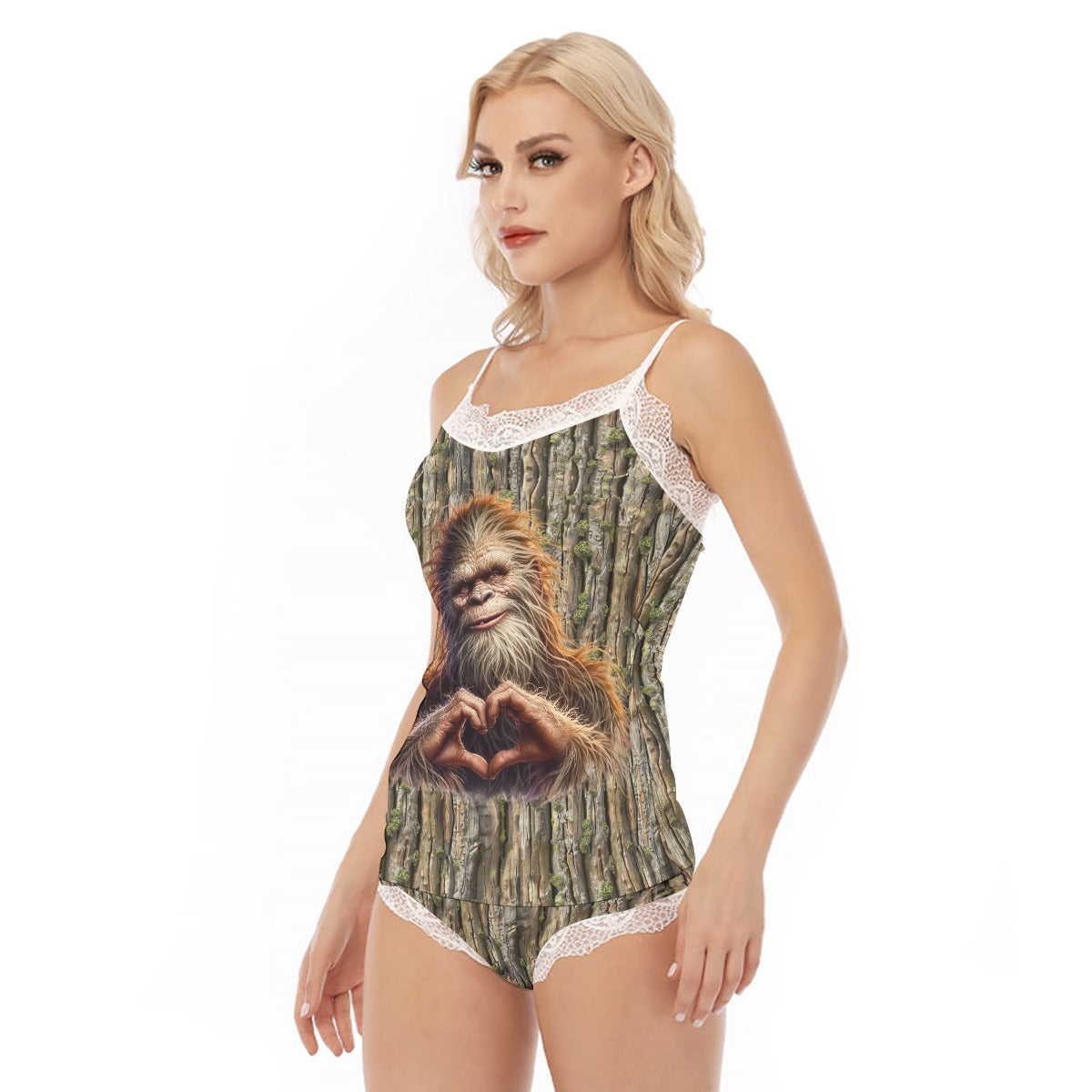 Bigfoot Heart Hands, Women’s 2 Piece Lacy Pajamas, PJs, Night Clothes