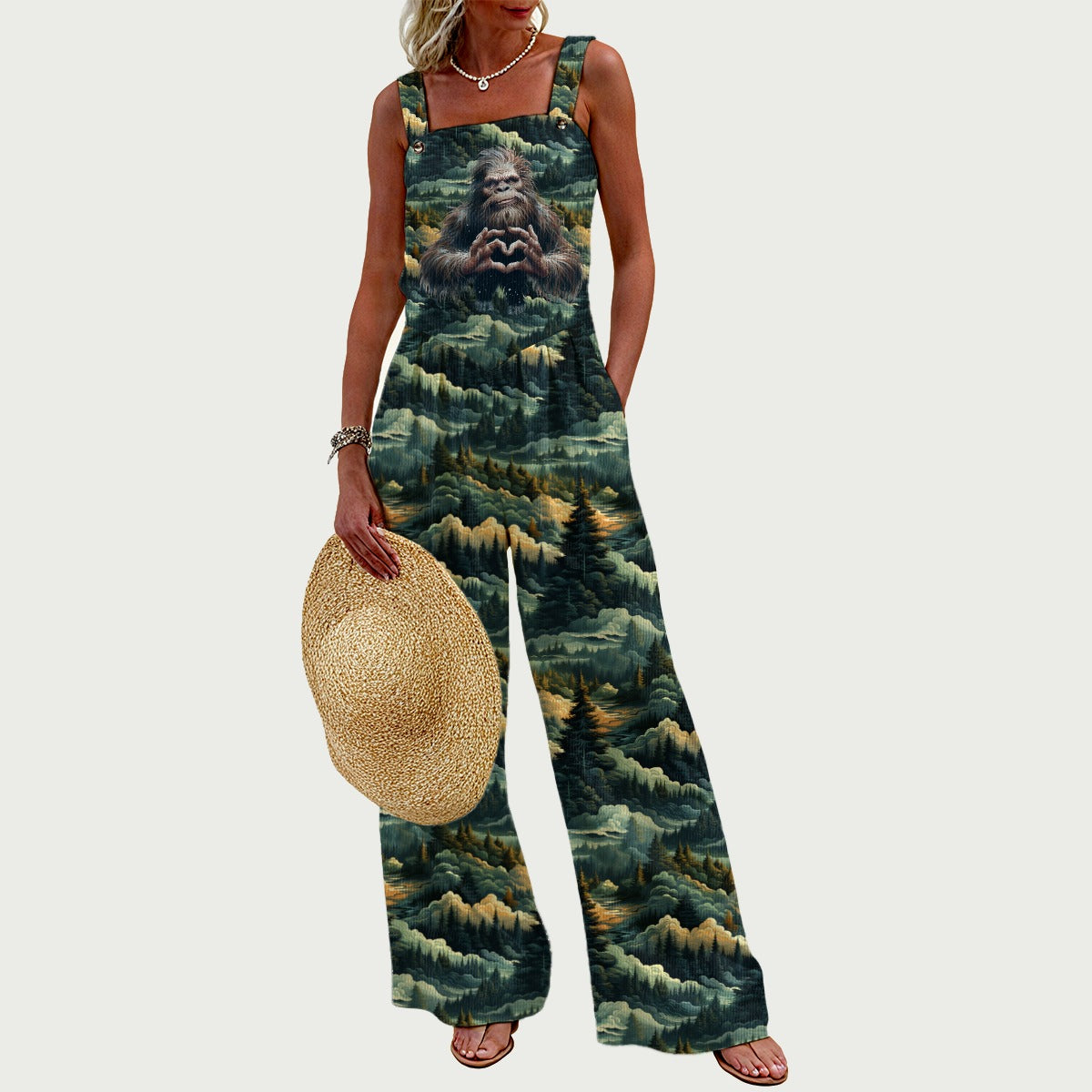 Bigfoot Heart Hands, Woods, Women’s Wide Leg Jumpsuit