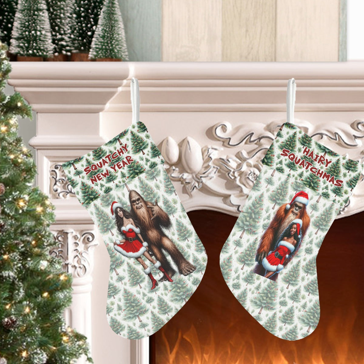Santa Sasquatch with Sexy Gals, Polyester Christmas Stocking