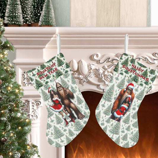 Santa Sasquatch with Sexy Gals, Polyester Christmas Stocking