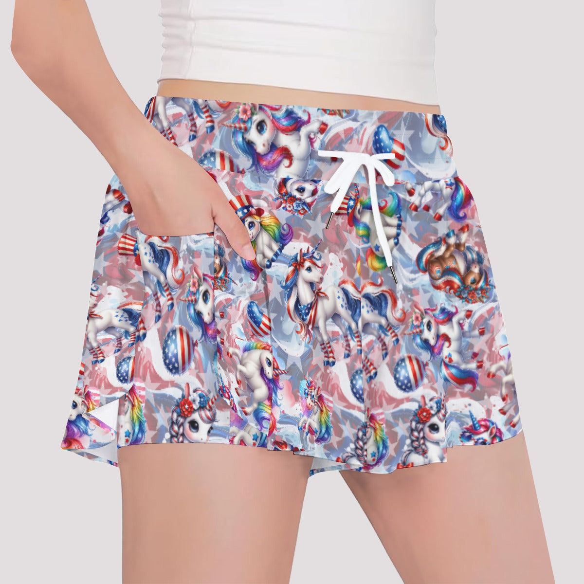 8 Patriotic Designs, Girls Sports Culottes, Butterfly Shorts w/ Pocket