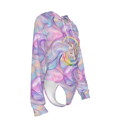 Rainbow Unicorn, Women's Raglan Sleeve Hooded Bodysuit