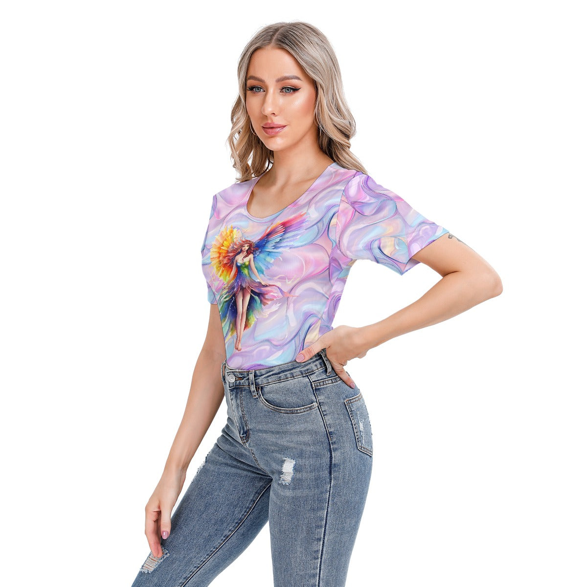 Rainbow Fairy on Swirl, Women’s Short Sleeve Body Suits