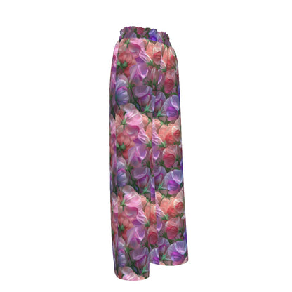 10 Flower Designs, Women’s Faux Silk Wide-Leg Pants