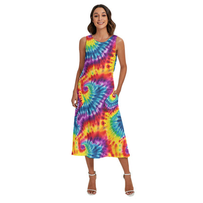 9 Tie Dye Designs, Women’s Sleeveless Dress With Diagonal Pockets