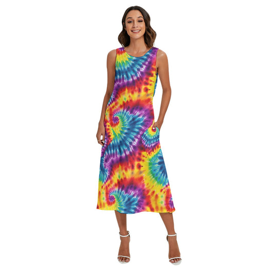 9 Tie Dye Designs, Women’s Sleeveless Dress With Diagonal Pockets