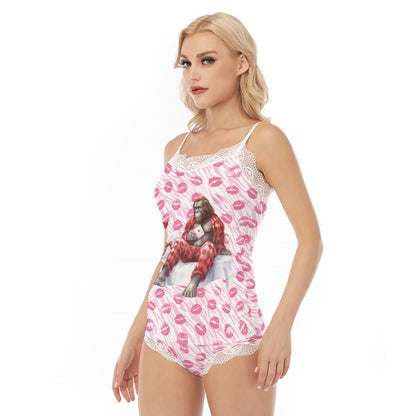 Valentine Bigfoot, Sasquatch, Women’s 2 Piece Lacy Pajamas, PJs, Night Clothes