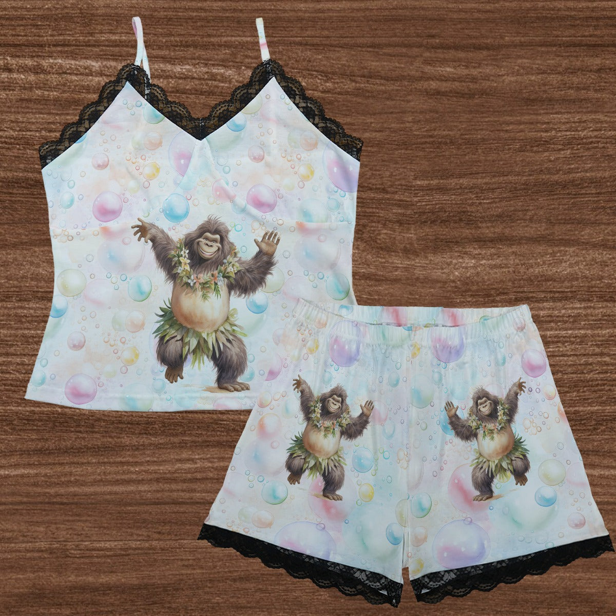 Dancing Sasquatch / Bigfoot On Bubbles Womens 2 piece Lacy Pajamas / lingerie