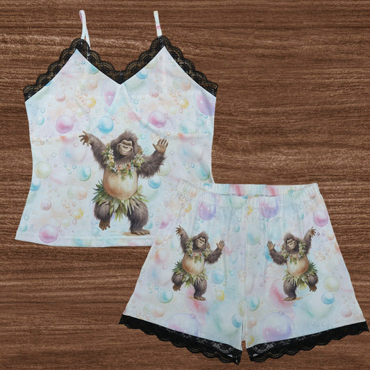 Dancing Sasquatch / Bigfoot On Bubbles Womens 2 piece Lacy Pajamas / lingerie