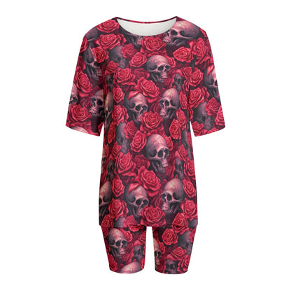 Roses and Skulls, Women’s 2 Piece T Shirt Set With Short Sleeve