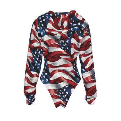Patriot Bigfoot / Sasquatch, Women's Raglan Sleeve Hooded Bodysuit