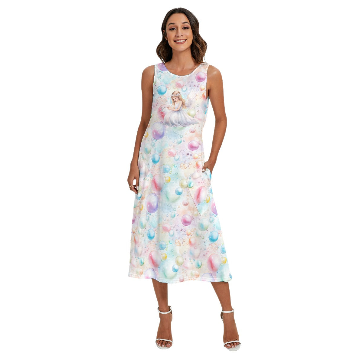 Angel on Bubbles Women’s Sleeveless Dress With Diagonal Pockets