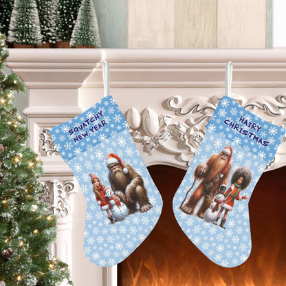 Santa Sasquatch Snowman with Children, Polyester Christmas Stocking
