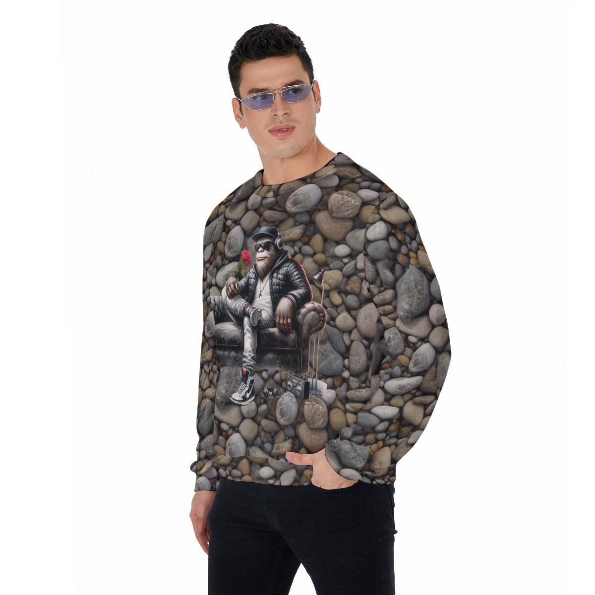 Bigfoot Sasquatch on Couch w Rose, Men’s Polyester Thickened Sweater