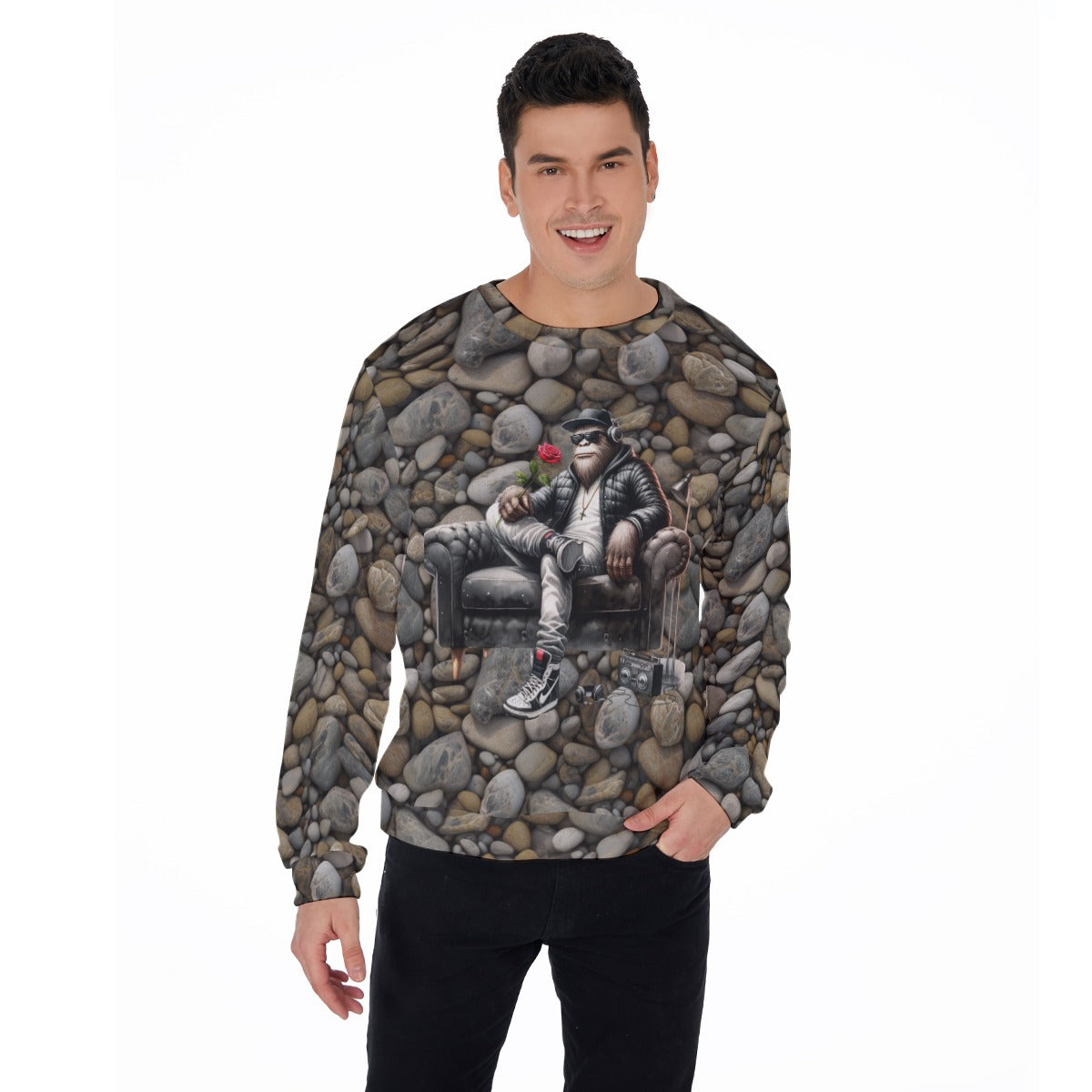 Bigfoot Sasquatch on Couch w Rose, Men’s Polyester Thickened Sweater