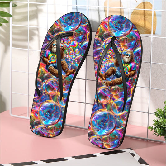 Hippie Bigfoot / Sasquatch & Bubbles, Women’s Flip Flops – Personalize with Your Name