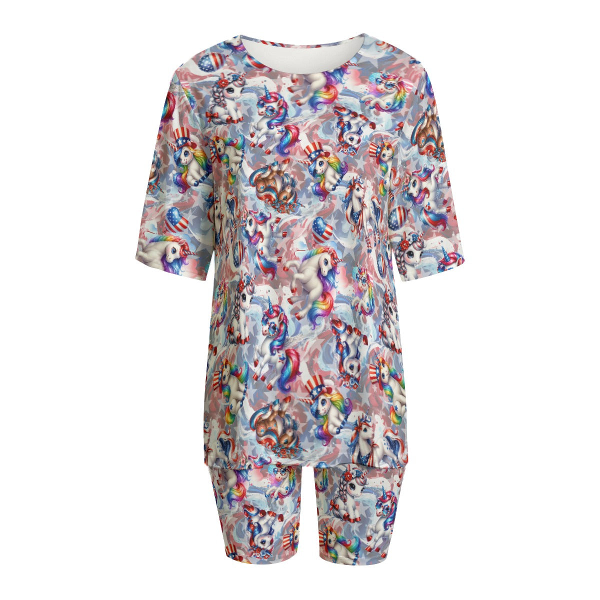 8 Patriotic Designs, Women’s 2 Piece T Shirt Set With Short Sleeve, unicorns, cats, dogs, eagles