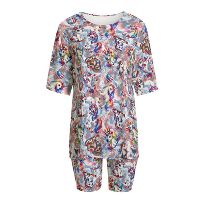 8 Patriotic Designs, Women’s 2 Piece T Shirt Set With Short Sleeve, unicorns, cats, dogs, eagles