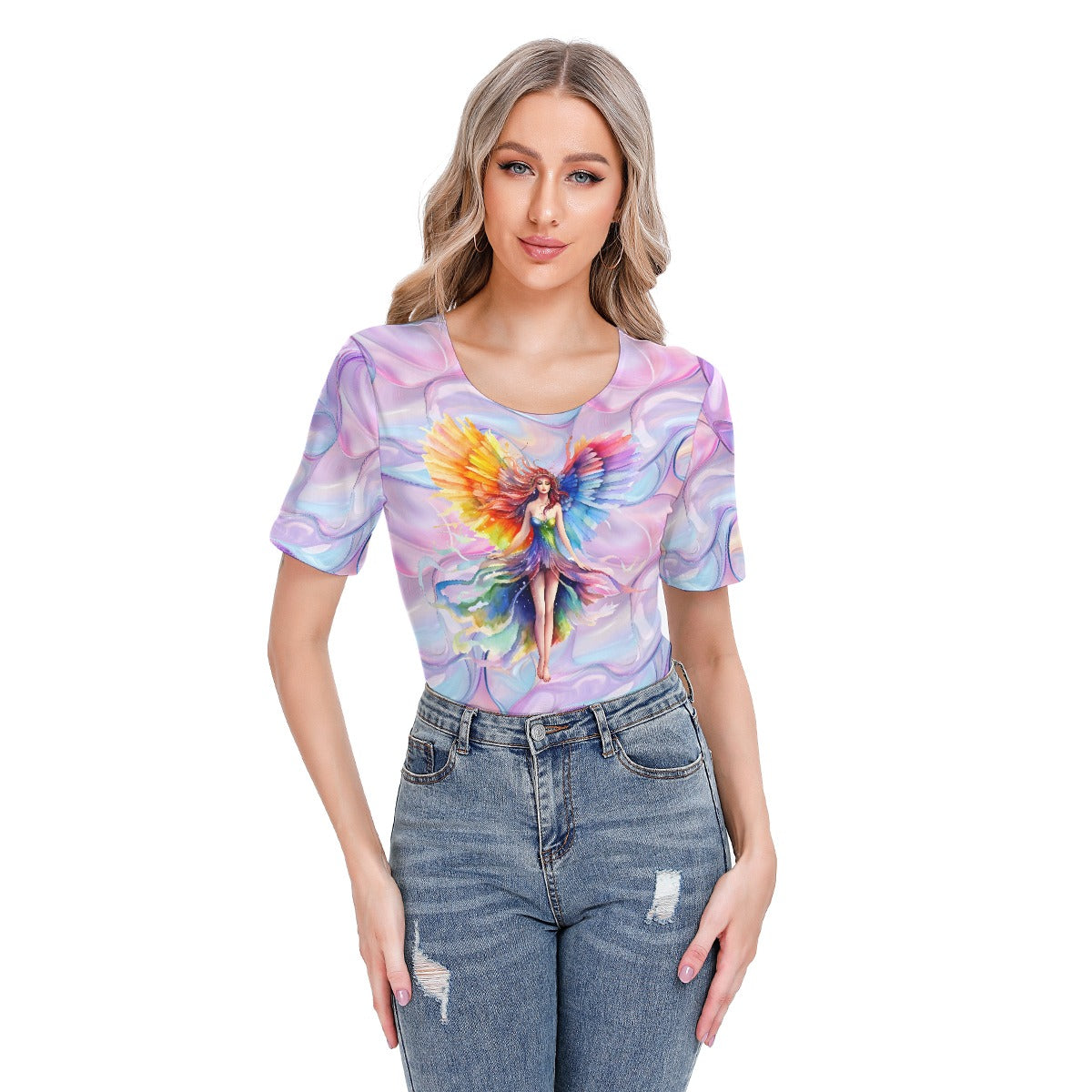 Rainbow Fairy on Swirl, Women’s Short Sleeve Body Suits
