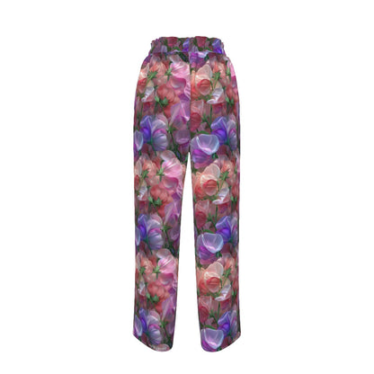 10 Flower Designs, Women’s Faux Silk Wide-Leg Pants