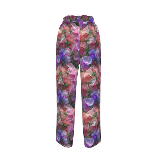 10 Flower Designs, Women’s Faux Silk Wide-Leg Pants