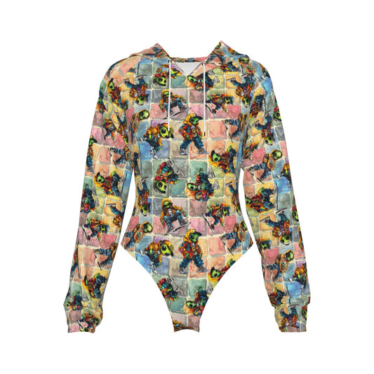 6 Alien Designs, Women's Raglan Sleeve Hooded Bodysuit