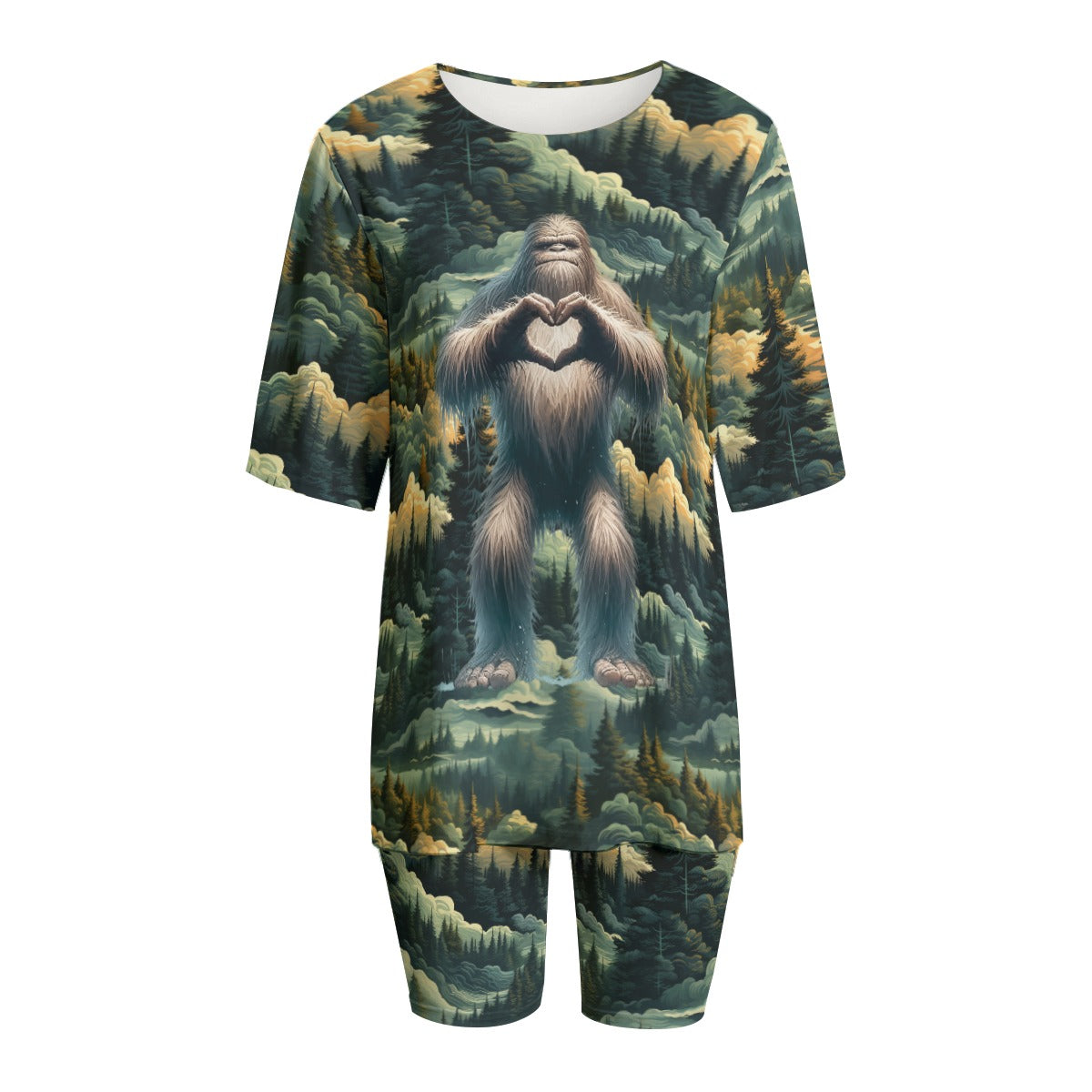 Bigfoot, Sasquatch Heart Hands, Women’s 2 Piece T Shirt Set With Short Sleeve