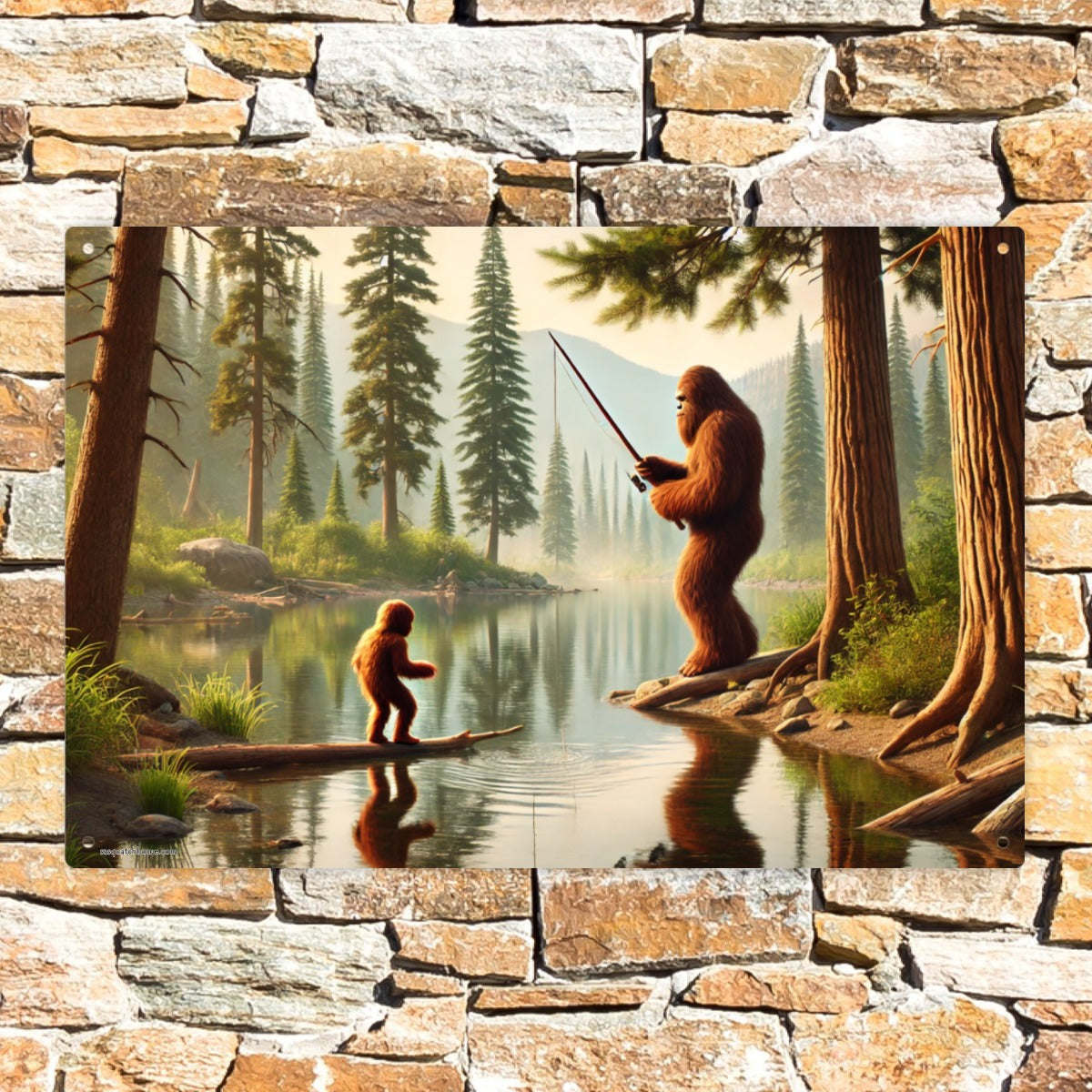 Bigfoot, Sasquatch, Fishing, 8”x12” Metal Hanging Painting / Poster – Made in USA