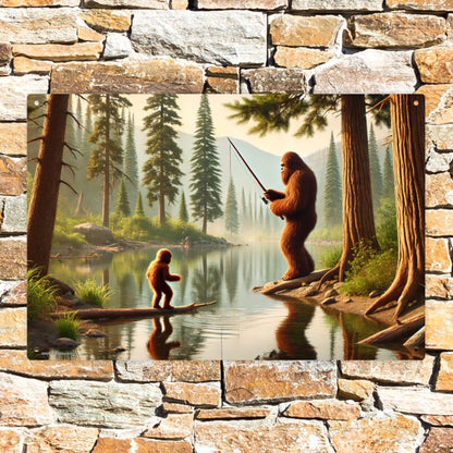 Bigfoot, Sasquatch, Fishing, 8”x12” Metal Hanging Painting / Poster – Made in USA