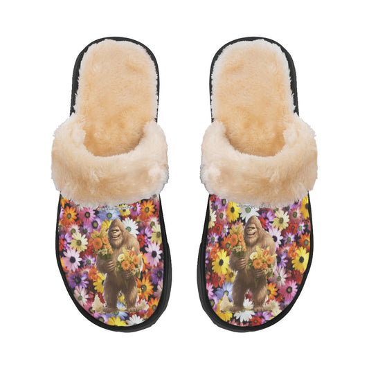 Bigfoot / Sasquatch with flowers, Women’s Plush, Fluffy Slippers