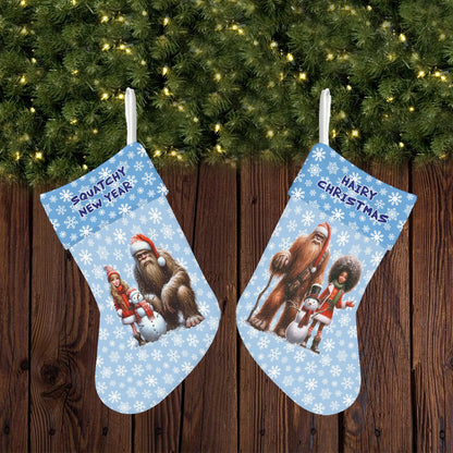 Santa Sasquatch Snowman with Children, Polyester Christmas Stocking