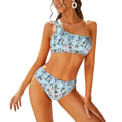 6 Alien designs Women One Shoulder Bikini High Waist Swimsuit