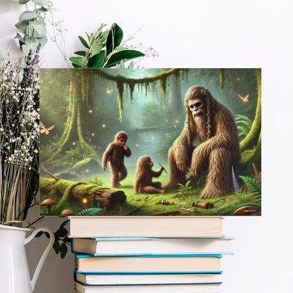 Bigfoot Sasquatch Family Image - Vintage Framed Canvas Art - 2 Sizes – Made in the USA