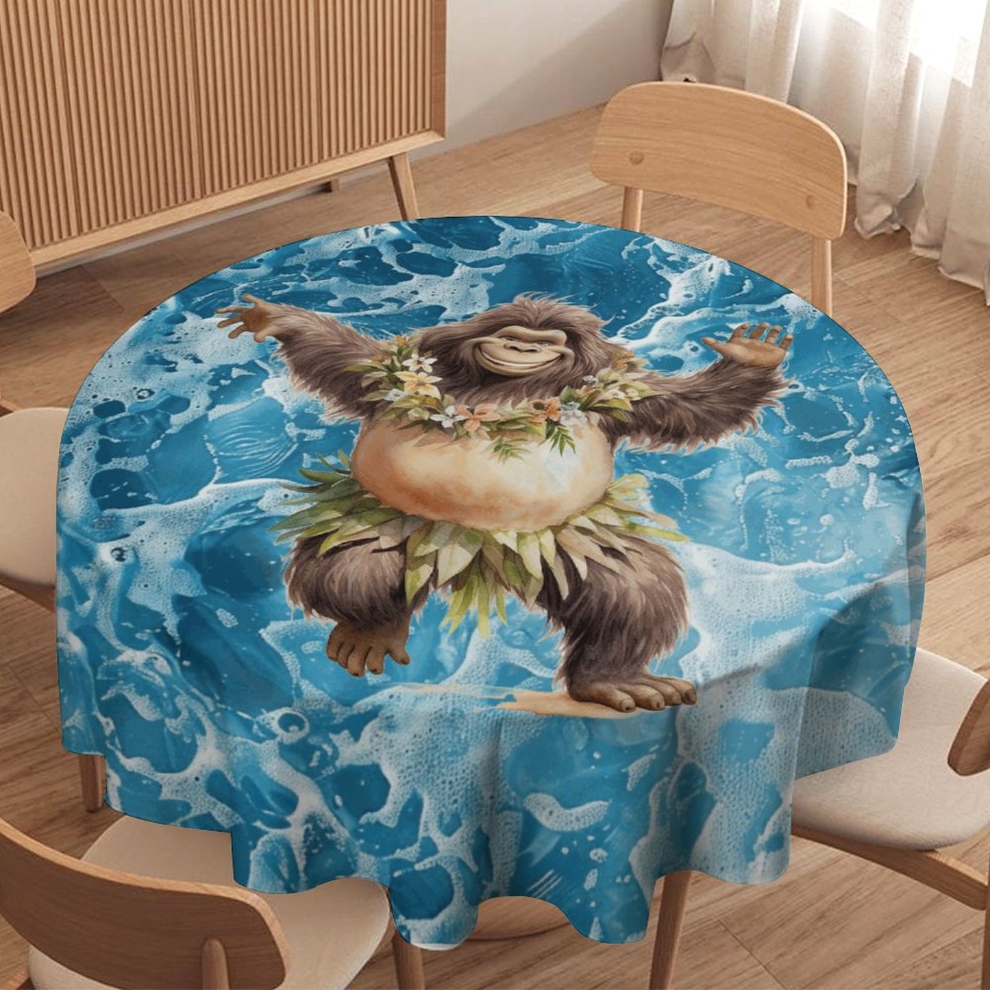 Sasquatch Hula On the Beach Round Tablecloth on Round Table