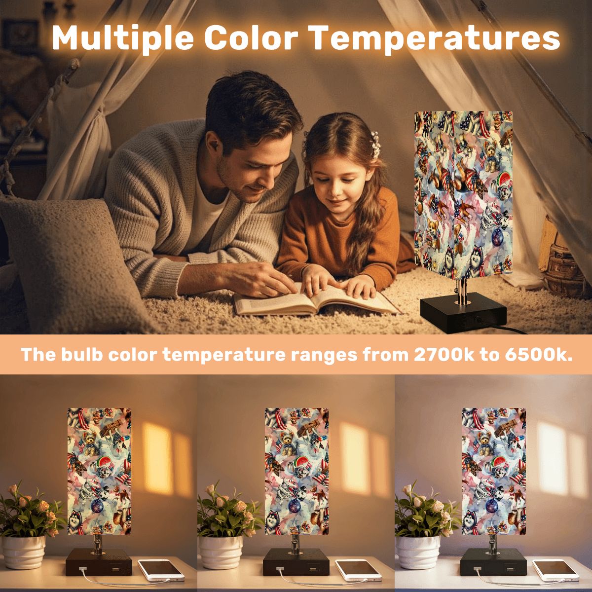 8 Patriot Designs, Square Table Lamp with USB Ports, Charger