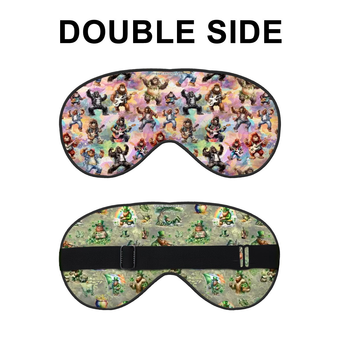 2 Sided Soft Eye Sleep Mask – Sasquatch St. Patrick / Irish + Bigfoot Valentine Love
