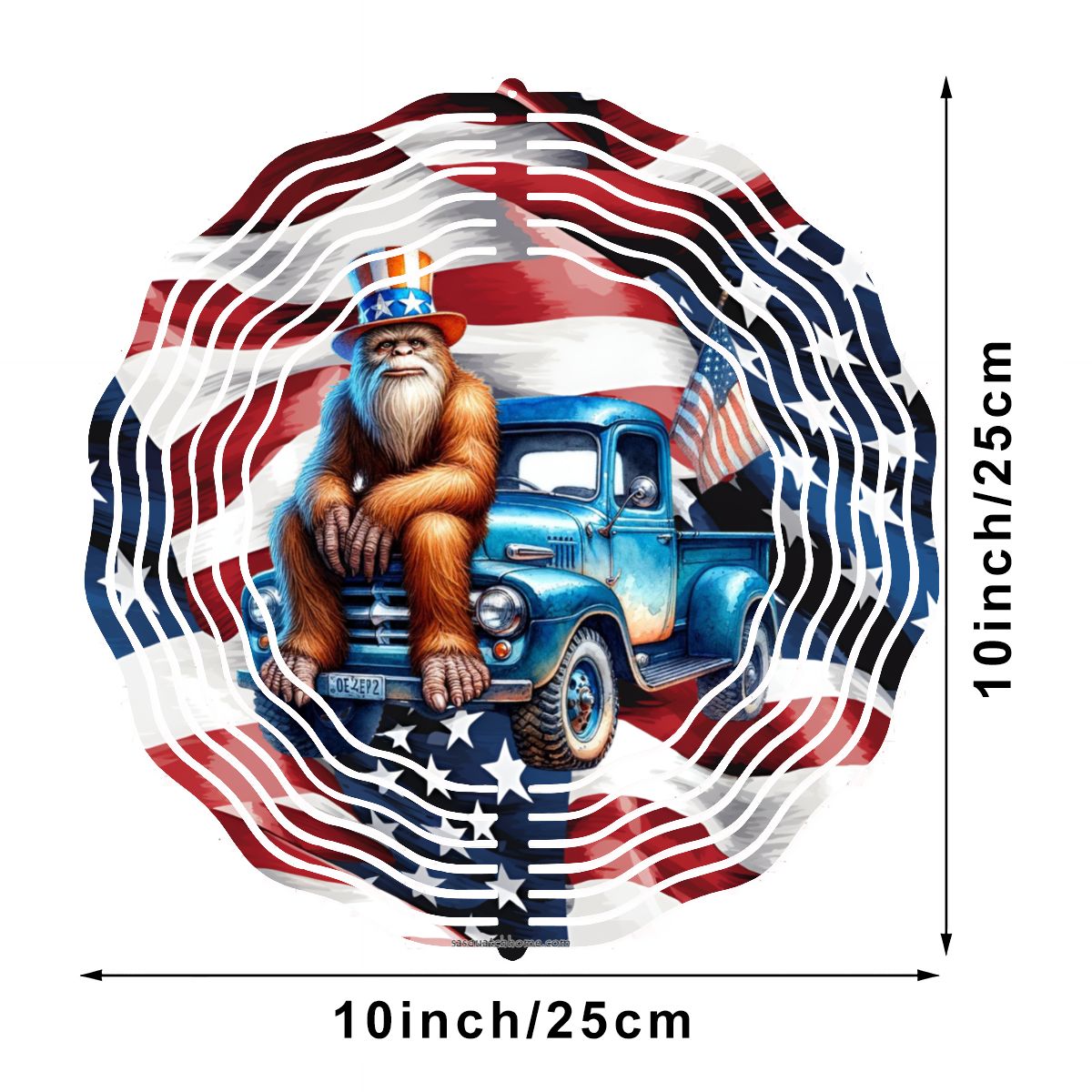 Patriotic Bigfoot, Sasquatch, US Made Hanging Metal 3D Wind Spinner, Ornament