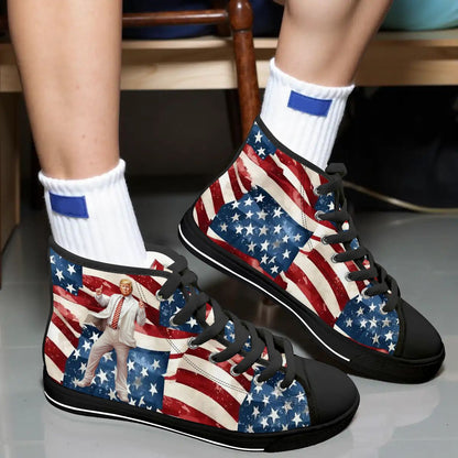 Donald Trump Dancing on Flag, Women's High Top Canvas Shoes Customized Tongue