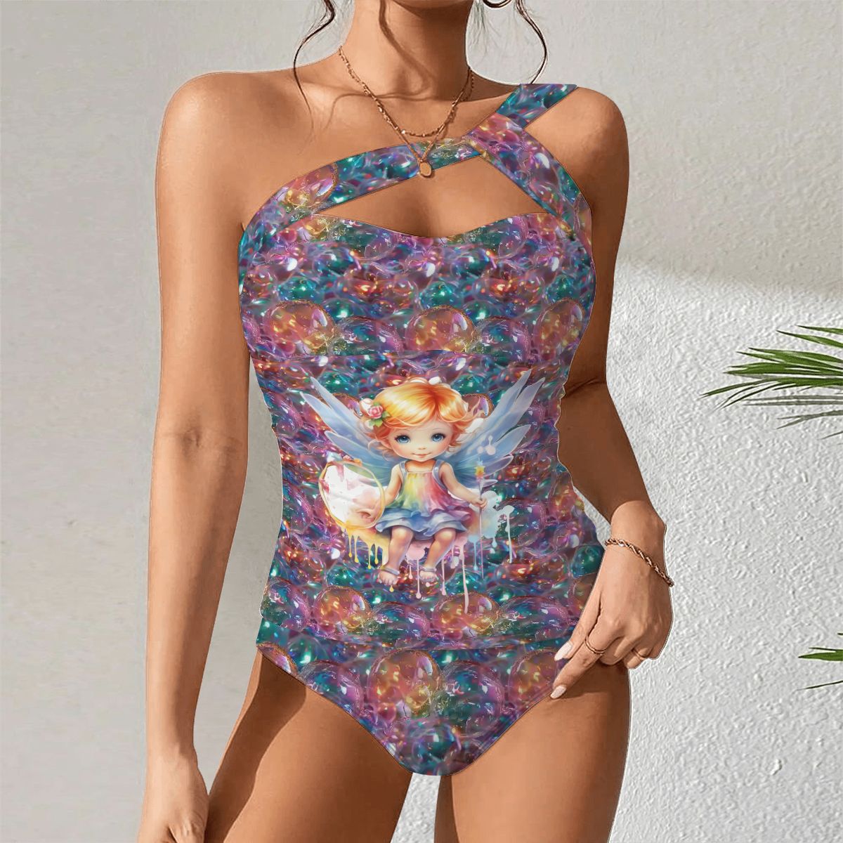 Baby Angel on Bubbles, Women One Shoulder Tankini, Two Piece