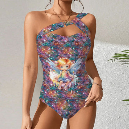 Baby Angel on Bubbles, Women One Shoulder Tankini, Two Piece