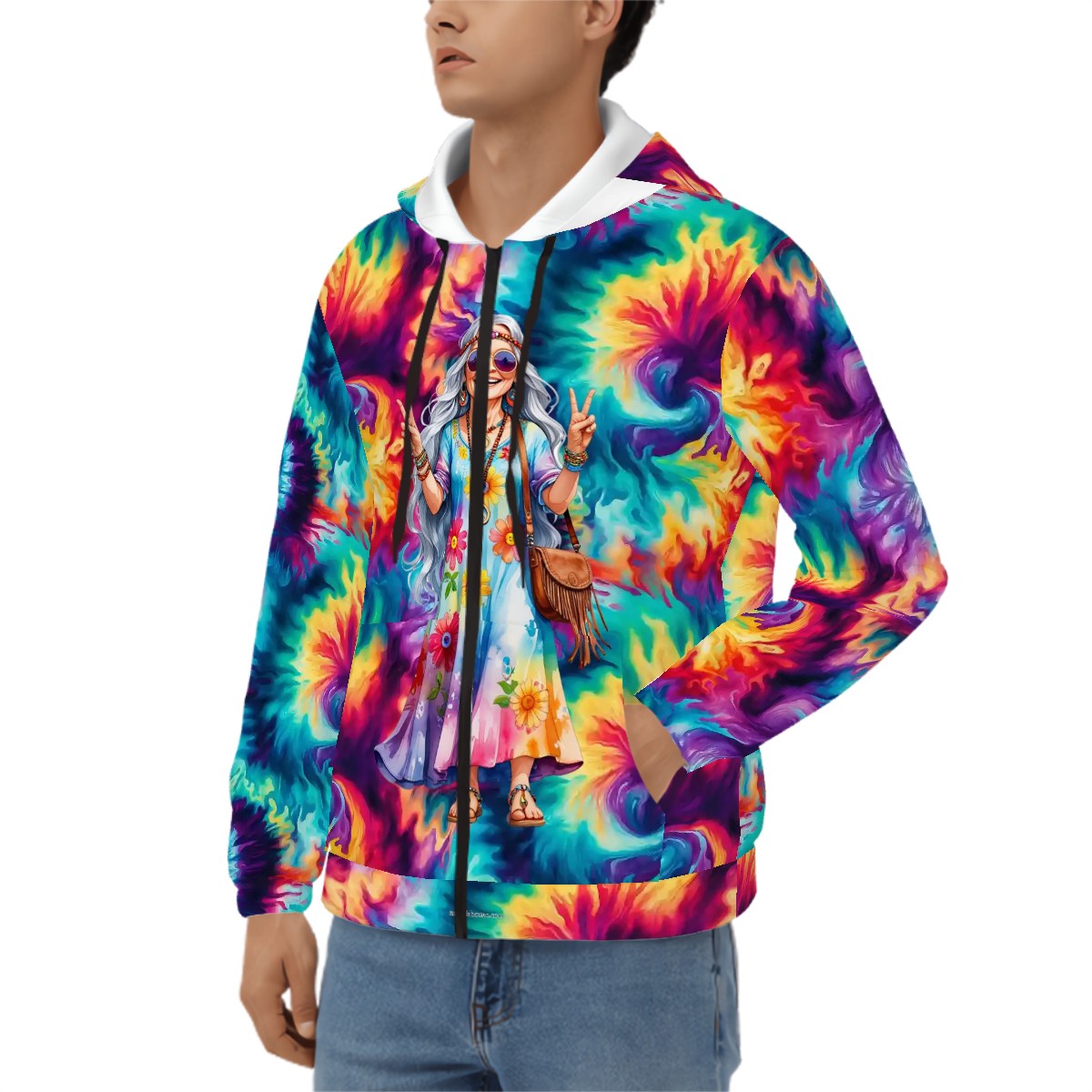 Hippie Lady on Tie Dye, Adult Zip Up Hoodie