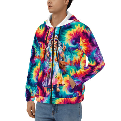 Hippie Lady on Tie Dye, Adult Zip Up Hoodie