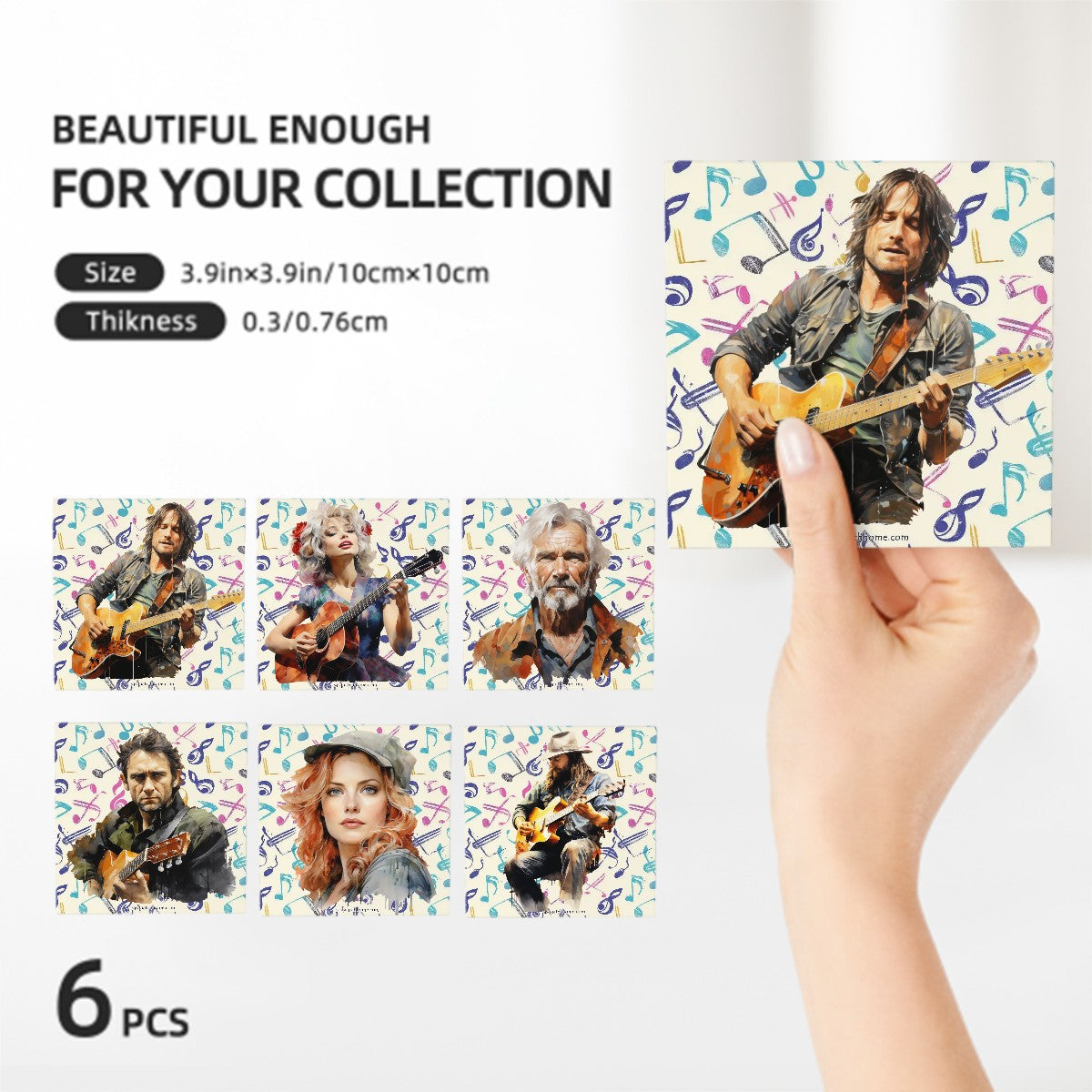 Country Music Stars, Square Ceramic Coasters 6 pcs