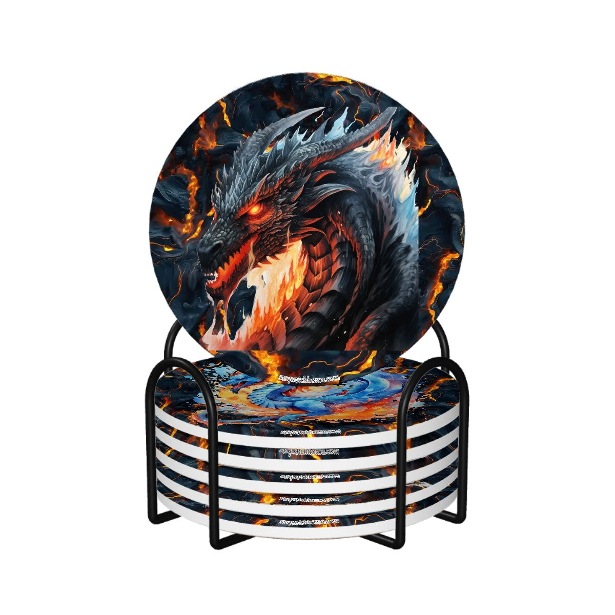 Dragons on Lava, Round Ceramic Coasters Set of 6
